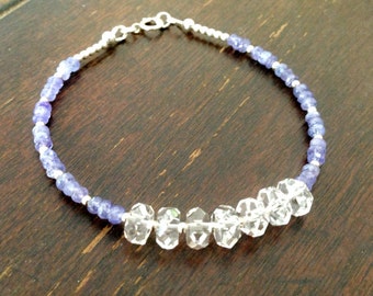 Tanzanite Bracelet - Purple Gemstone Jewelery - Clear Crystal Quartz Jewellery - Sterling Silver Jewelry - December Birthstone - Beaded