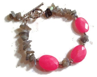 Pink and Gray Bracelet - Jade & Labradorite Jewellery - Sterling Silver Jewelry - Gemstone - Mod - Beaded - Fashion