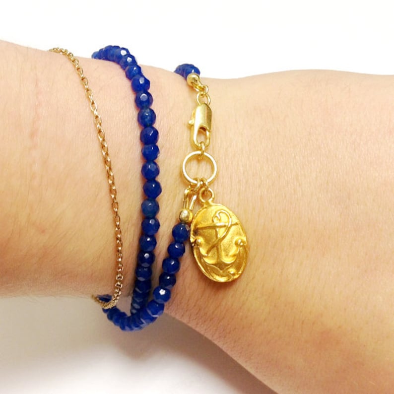 Cobalt Blue Bracelet Jade Gemstone Jewelry Wrap Jewellery Gold Anchor Charm Nautical Modern image 1