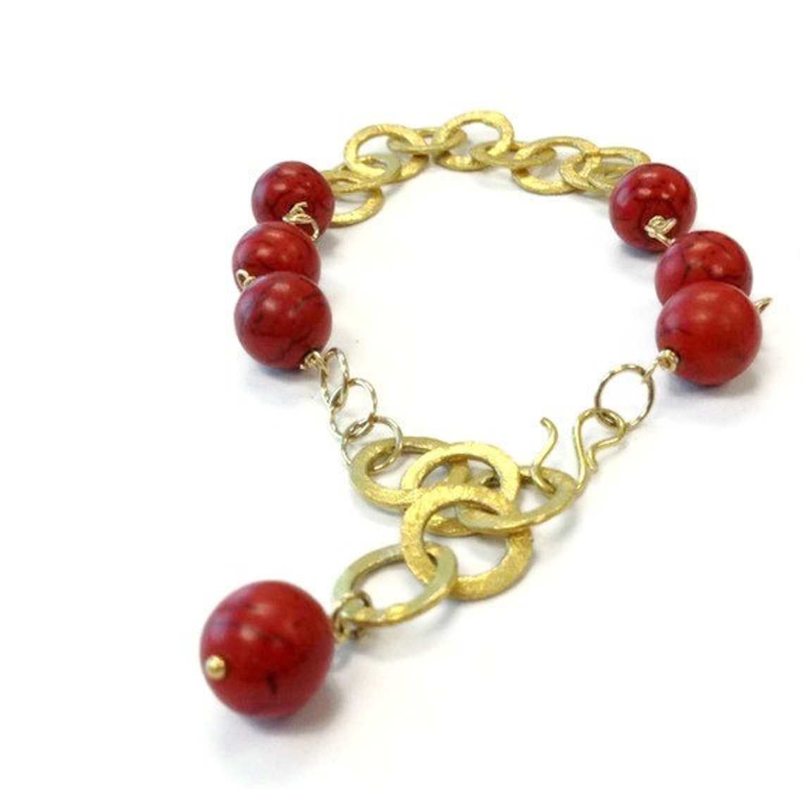 Red Howlite & Glass Sun Charm Adjustable Beaded Bracelet