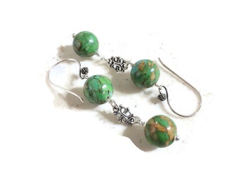 Turquoise Earrings - Sterling Silver Jewelry - Green Mosaic Gemstone Jewellery - Pierced - Dangle