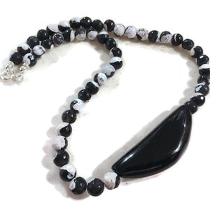 Black and White Necklace - Agate Gemstone Jewellery - Sterling Silver Jewelry - Onyx Pendant - Beaded