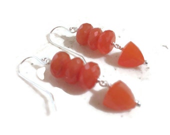 Orange Earrings - Carnelian Gemstone Jewelry - Sterling Silver Jewellery - Beaded - Pierced
