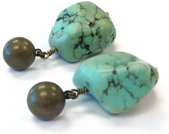 Turquoise Earrings - Southwestern Brass Jewelry - Modern - Tribal - Summer - Fashion Jewellery - Chunky Gemstone ER-177 178