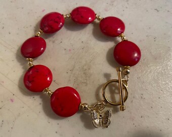 Red Bracelet - Gold Jewelry - Howlite Gemstone Jewellery - Coin Beads - Butterfly Charm - Toggle - Handmade - Beaded - Gift - Carmal