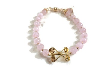 Pink Bracelet - Rose Quartz Jewellery - Gemstone - Gold Jewelry - Charm - Beaded