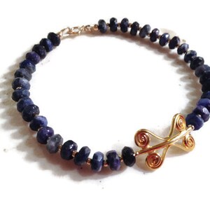Lapis Bracelet Navy Blue Jewelry Lapis Lazuli Gemstone Jewellery Gold Beaded Fashion image 1