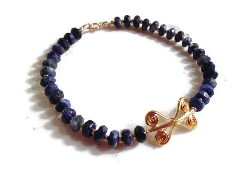 Lapis Bracelet Navy Blue Jewelry Lapis Lazuli Gemstone Jewellery Gold Beaded Fashion image 1