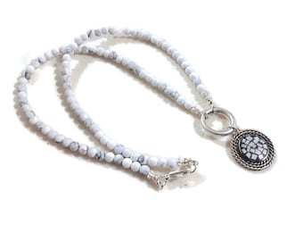 White Necklace - Howlite Gemstone Jewellery - Silver Jewelry - Round Pearl and Silver Pendant - Fashion - Beaded - One of a Kind