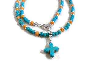 Turquoise Necklace - Howlite Gemstone Jewellery - Orange and Blue Jewelry- Sterling Silver - Beaded - Cross Pendant - Jewelry by Carmal
