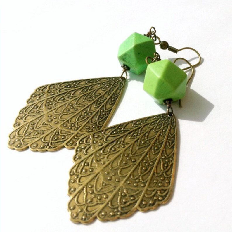 Lime Green Earrings Brass Jewelry Turquoise Gemstone Etsy