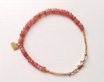 Sunstone Bracelet - Gold - Peach Gemstone Jewelry - Beaded - Stackable - Layer - Everyday - Minimal