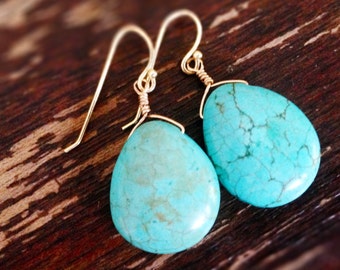 Turquoise Drop Earrings - Gemstone Jewellery - Blue Jewelry - Handmade - Dangle Gold or Silver - Pierced - Gift - Carmal - Free Shipping