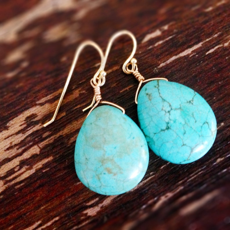 Turquoise Drop Earrings Gemstone Jewellery Blue Jewelry Handmade Dangle Gold or Silver Pierced Gift Carmal Free Shipping image 1