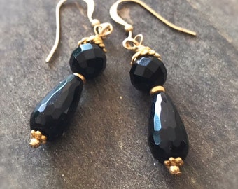 Black Earrings - Onyx Gemstone Jewellery - Yellow Gold Jewelry - Dainty - Simple - Everyday