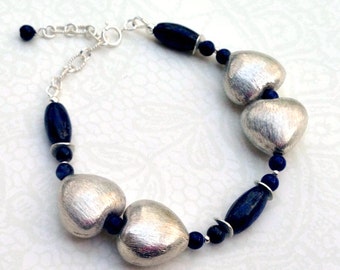 Lapis Lazuli Bracelet - Navy Blue Jewelry - Mother Daughter - Sterling Silver Heart - Gemstone Jewellery