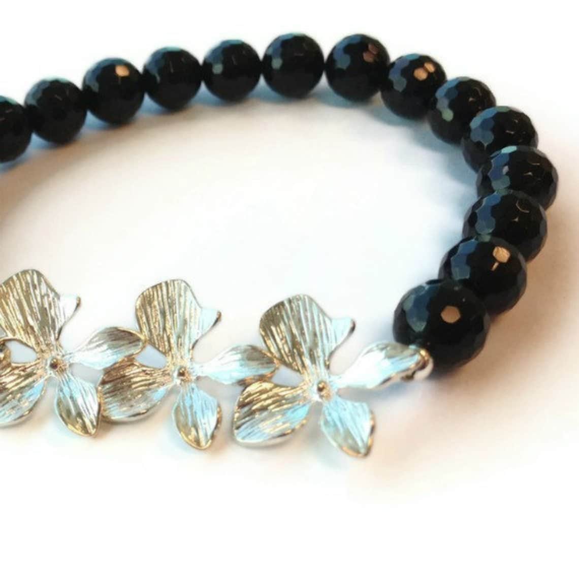 Black Onyx Bracelet Sterling Silver Jewelry Flower Etsy