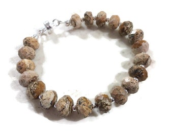 Brown Bracelet - Sterling Silver Jewelry - Jasper Gemstone Jewellery - Beaded - Magnetic Clasp