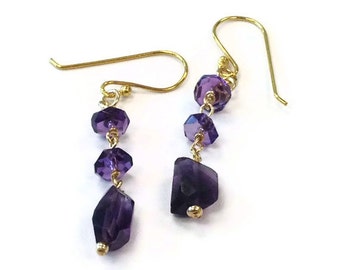 Pendientes de amatista - Joyas de piedras preciosas púrpuras - Joyas rellenas de oro - Piedra de nacimiento de febrero - Funky