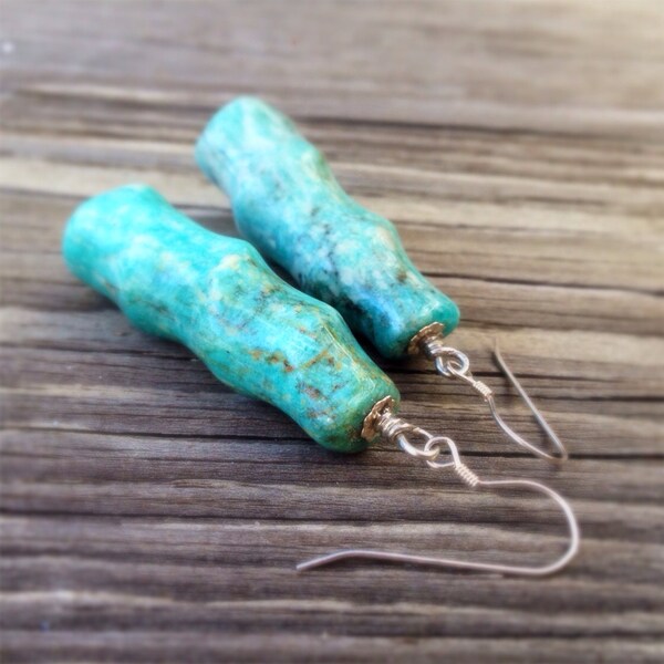 Turquoise Earrrings - Sterling Silver Jewellery - Stone Jewelry - Bamboo - Mod - Funky - Fashion