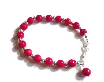 Red Bracelet - Coral Gemstone Jewelry - Sterling Silver Jewellery - Beaded