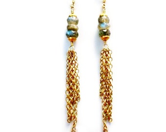 Gray Labradorite Earrings - Gemstone Jewelry - Gold Chain Jewellery - Dangle - Pierced