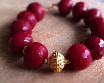 Ruby Quartz Bracelet - Red Natural Gemstone Jewelry - Gold Jewellery - Luxe - Couture - Beaded