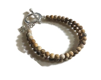 Brown Bracelet - Picture Jasper Jewelry - Gemstone Jewellery - Multi Strand - Earth Tones - Natural - Silver - Clover Charm