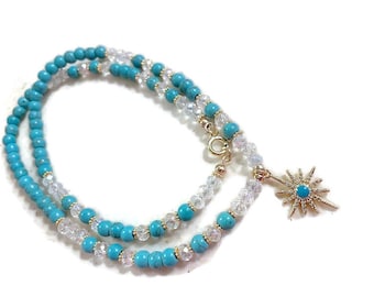 Turquoise Beaded Necklace - Gold Star Pendant, Crystal Jewelry