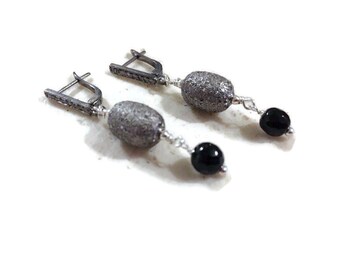 Black Earrings - Onyx Gemstone Jewellery - Sterling Silver Jewelry - Pave Diamonds - Dangle - Pierced