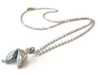 Fortune Cookie Necklace - Silver Charm Pendant, Everyday Jewelry