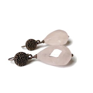 Pink Earrings - Rose Quartz Gemstone Jewelry - Brass Jewellery - Beaded - Dangle - Pierced  Teardrop - US Free Shipping - Gift