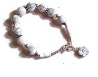 White and Gray Bracelet - Howlite Jewelry - Gemstone Jewellery - Flower Charm - Sterling Silver - Beaded