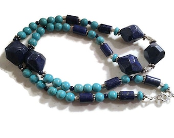 Turquoise Necklace - Lapis Lazuli Jewellery - Sterling Silver Jewelry - Gemstone - Beaded - Chunky
