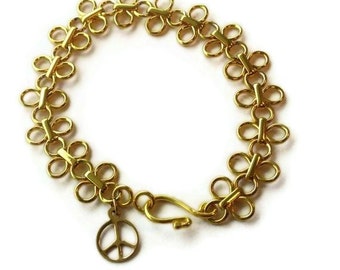 Pulsera de cadena chapada en oro con dije del símbolo de la paz, 19 cm