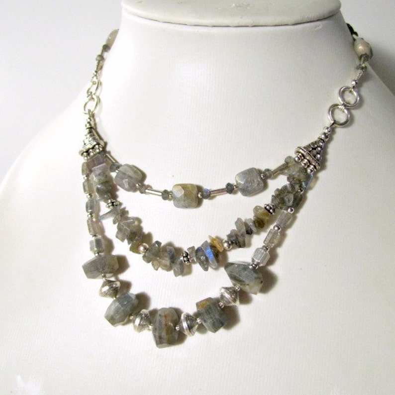 Gray Labradorite Necklace Statement Necklace Sterling Silver Jewelry Multi Strand Jewellery Triple Strand Grey Gemstone N-121 image 1