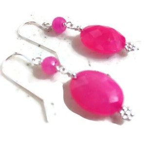 Hot Pink Earrings - Sterling Silver Jewelry - Chalcedony Gemstone Jewellery - Trendy - Chain - Dangle