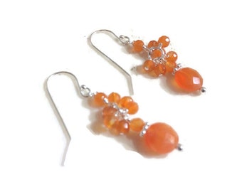 Orange Earrings - Carnelian Gemstone Jewelry - Sterling Silver Jewellery - Beaded - Pierced