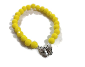 Yellow Bracelet - Crystal Jewelry - Sterling Silver Jewellery - Beaded - Stretchy - Butterfly Charm