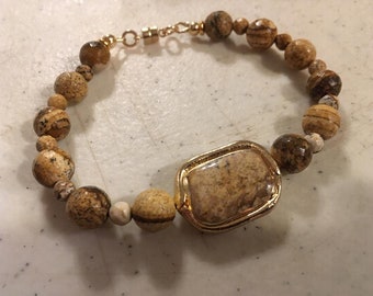 Brown Bracelet - Picture Jasper Jewelry - Gemstone Jewellery - Gold - Earth Tones - Natural