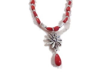 Orange Coral Necklace - Silver Jewelry - Gemstone Jewellery - Flower Pendant - Dainty - Beaded