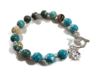 Turquoise Bracelet - Sterling Silver Jewelry - Gemstone Jewellery - Beaded - Fashion - Flower charm