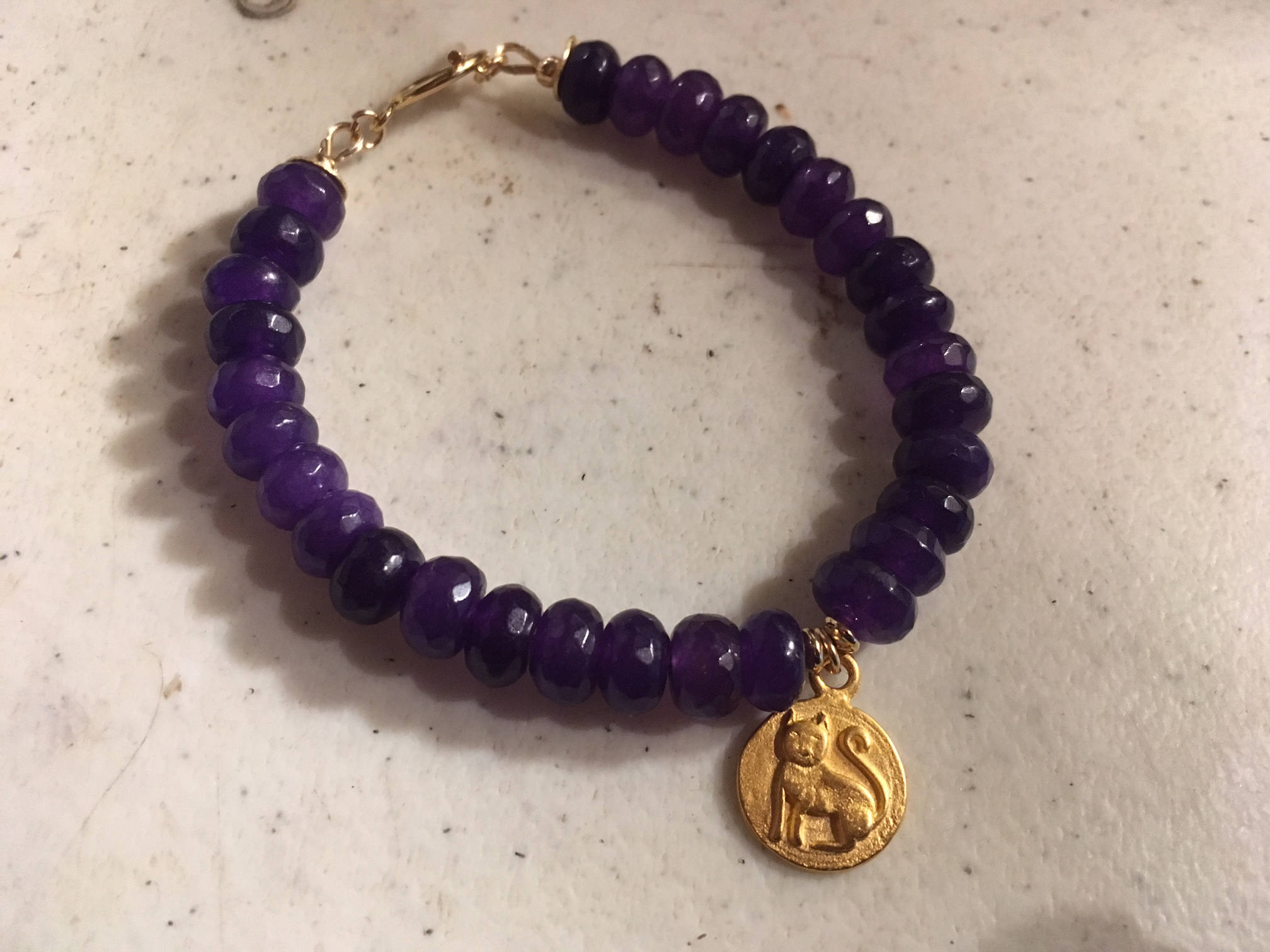 Purple Bracelet Agate Gemstone Jewellery Cat Charm Gold | Etsy
