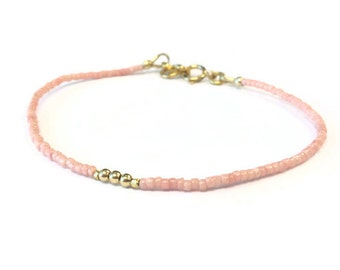 Light Pink Beaded Bracelet - 24K Gold Vermeil Jewelry - Thin - Skinny - Everyday Jewellery - Minimal - Layer - Bright Colors - Fashion