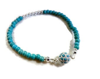Turquoise Howlitte Bracelet - Crystal Beaded Jewelry - Sterling Silver Jewellery - Magnetic Clasp - Blue - Gift - Handmade - Carmal
