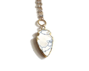 White Necklace - Howlite Gemstone Jewellery - Gold Jewelry - Arrow Pendant - Fashion - Beaded - Chain