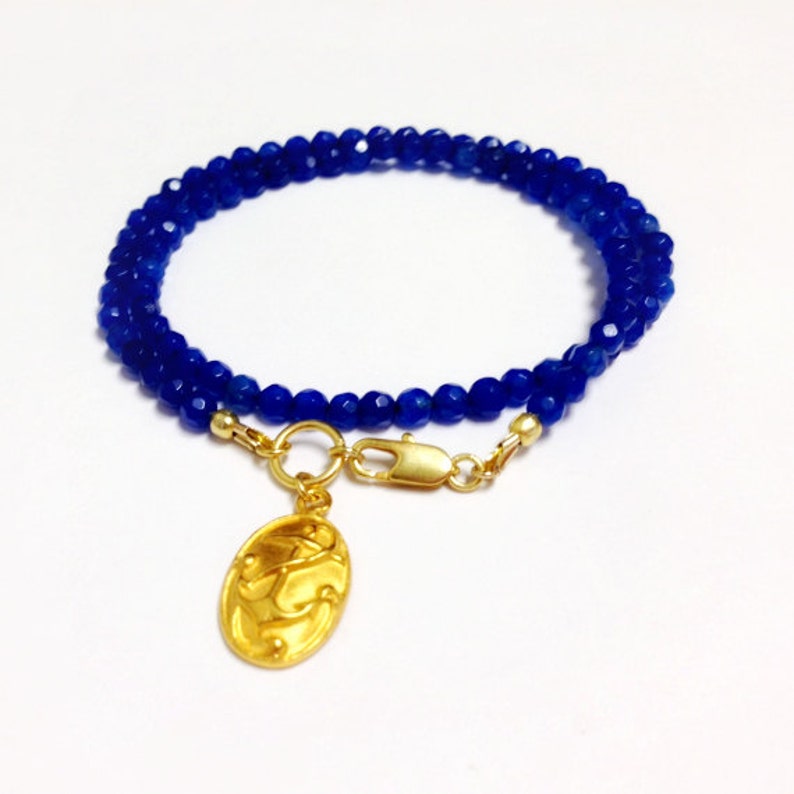 Cobalt Blue Bracelet Jade Gemstone Jewelry Wrap Jewellery Gold Anchor Charm Nautical Modern image 5