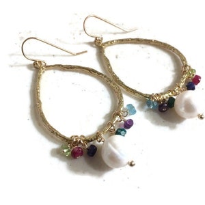 White Pearl Earrings - Apatite Amethyst Peridot Emerald Ruby Sapphire Gemstone Jewelry - June Birthstone - Gold Jewellery - Gift - Pierced