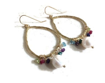 White Pearl Earrings - Apatite Amethyst Peridot Emerald Ruby Sapphire Gemstone Jewelry - June Birthstone - Gold Jewellery - Gift - Pierced