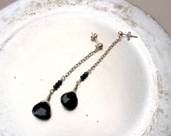 Black Spinel Teardrop Earrings – 14K Gold Filled Chain Dangle